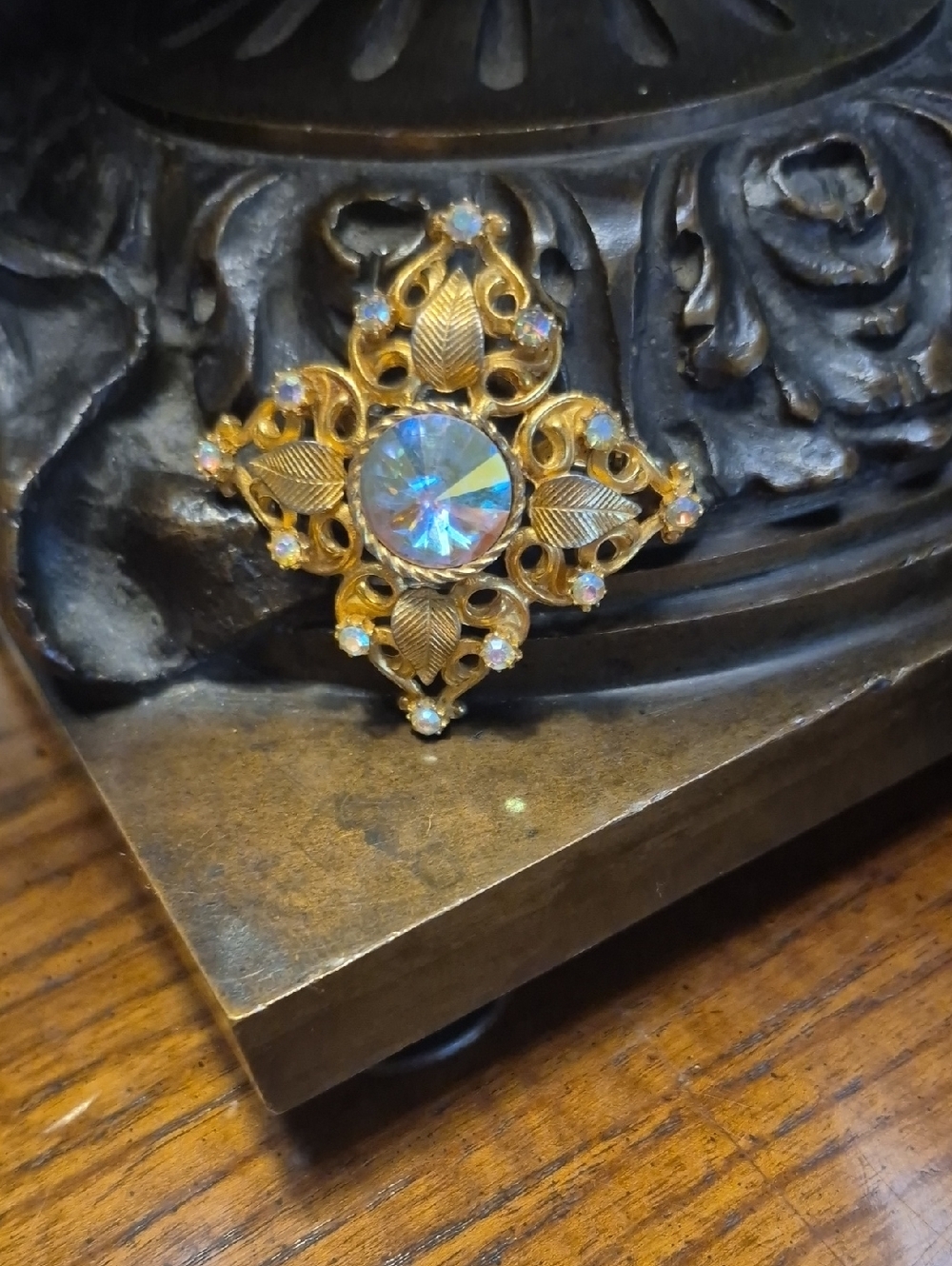 Vintage Gold Filigree Brooch with Aurora Borealis Rivoli Crystal